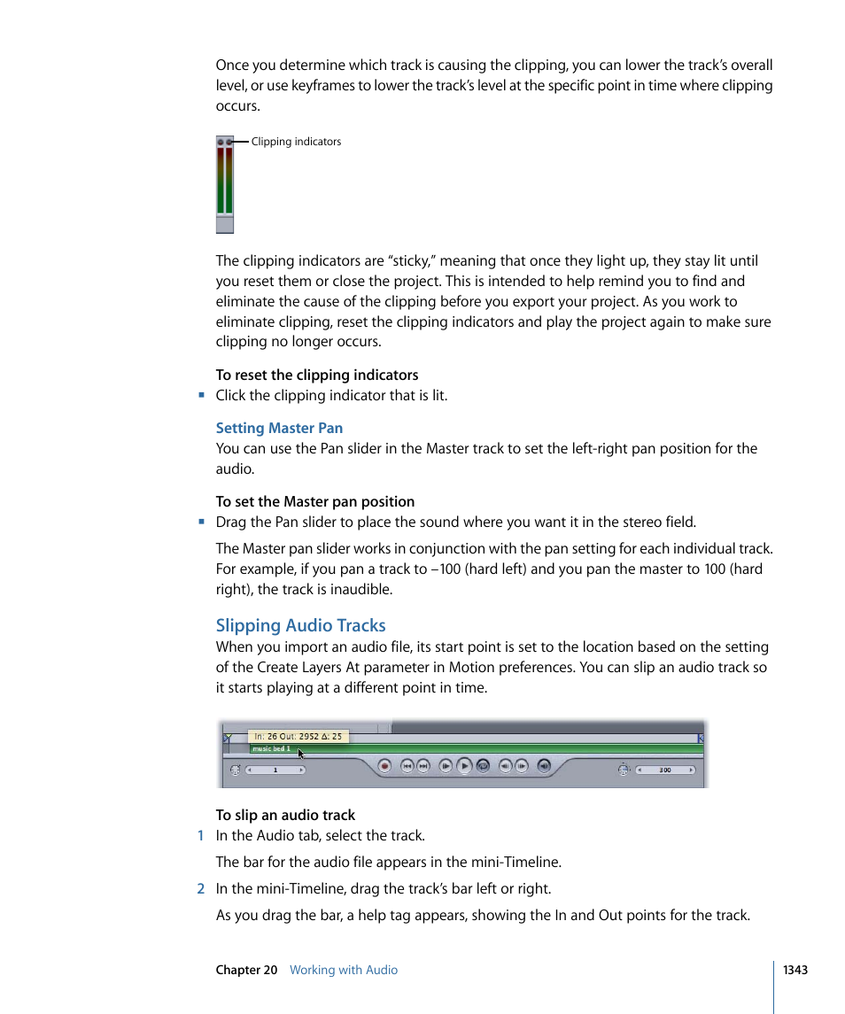 Setting master pan, Slipping audio tracks | Apple Motion 4 User Manual | Page 1343 / 1498