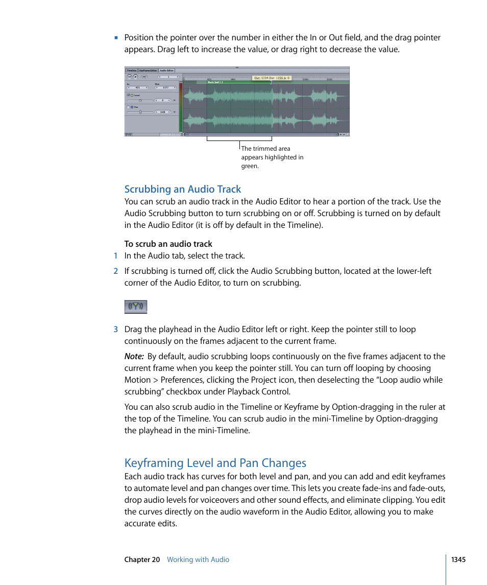 Scrubbing an audio track, Keyframing level and pan changes | Apple Motion 4 User Manual | Page 1345 / 1498