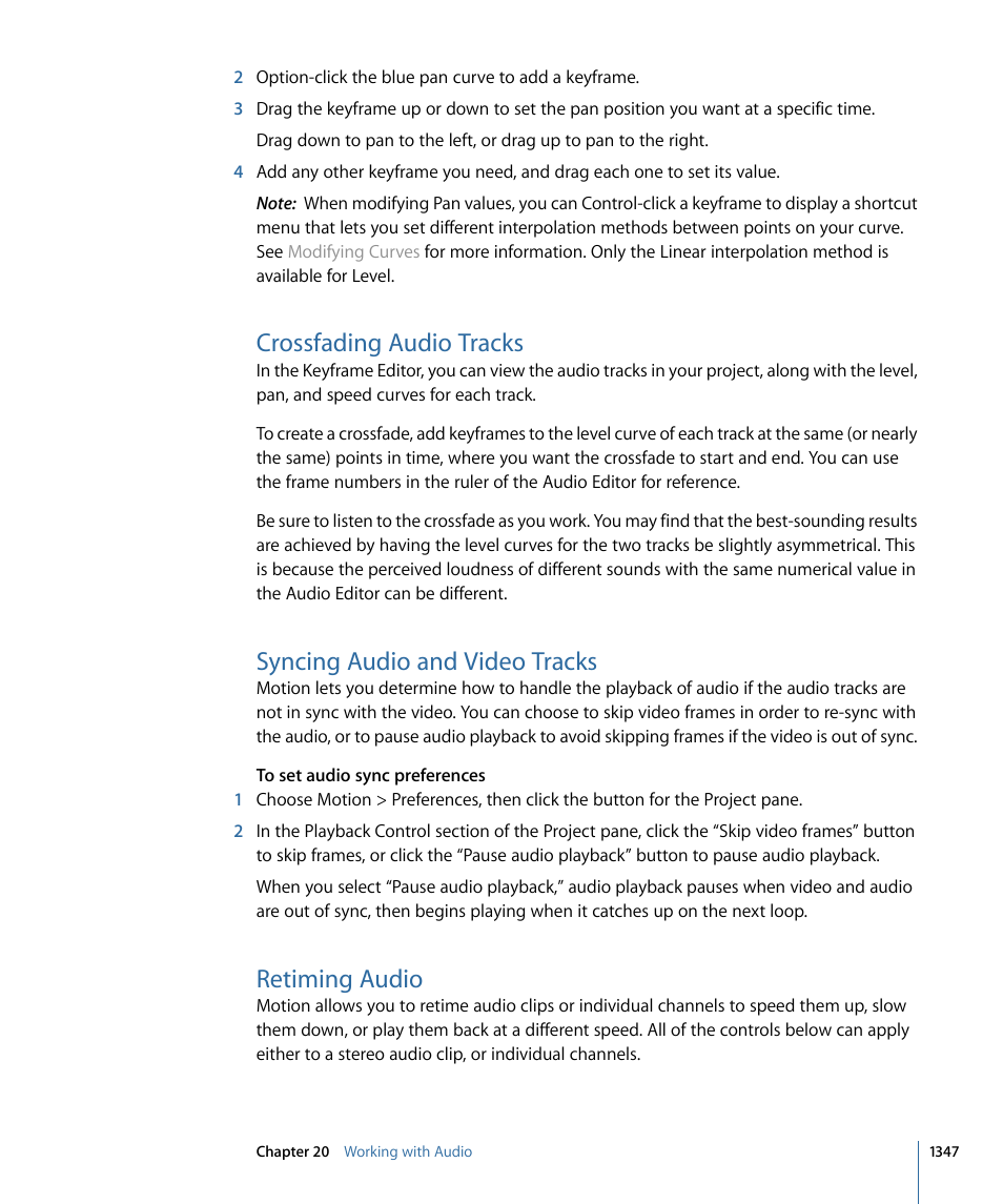 Crossfading audio tracks, Syncing audio and video tracks, Retiming audio | Apple Motion 4 User Manual | Page 1347 / 1498