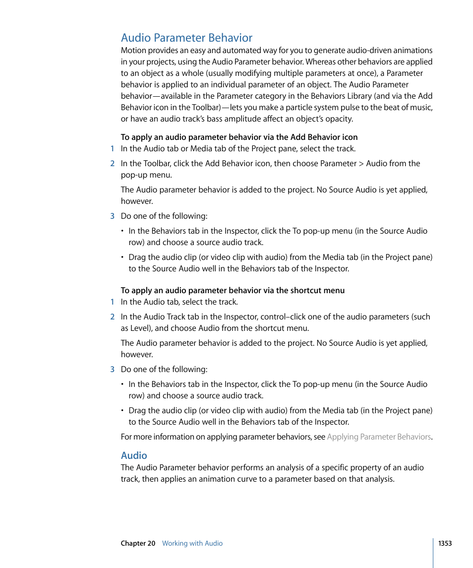 Audio parameter behavior, Audio, Audio parameter | Behavior | Apple Motion 4 User Manual | Page 1353 / 1498