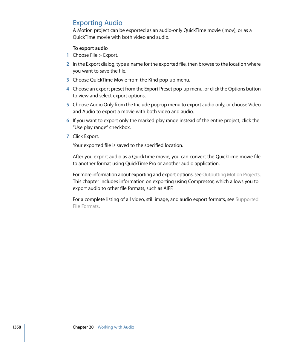 Exporting audio | Apple Motion 4 User Manual | Page 1358 / 1498