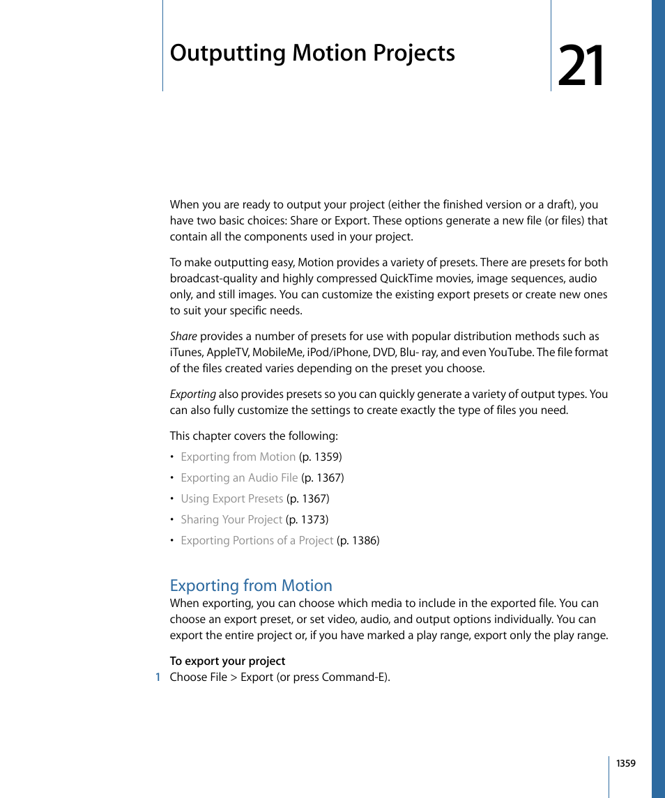 Outputting motion projects, Exporting from motion | Apple Motion 4 User Manual | Page 1359 / 1498