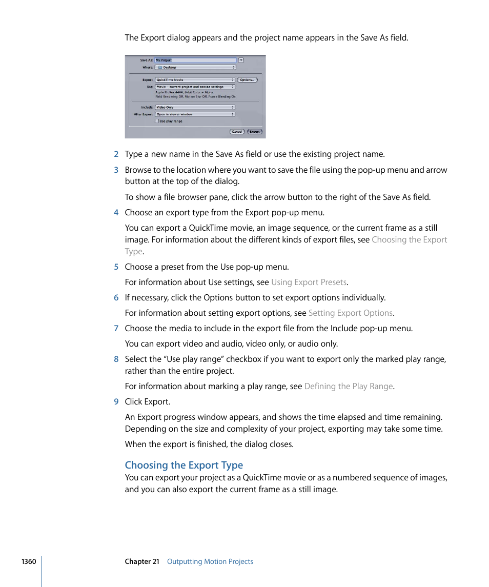 Choosing the export type | Apple Motion 4 User Manual | Page 1360 / 1498