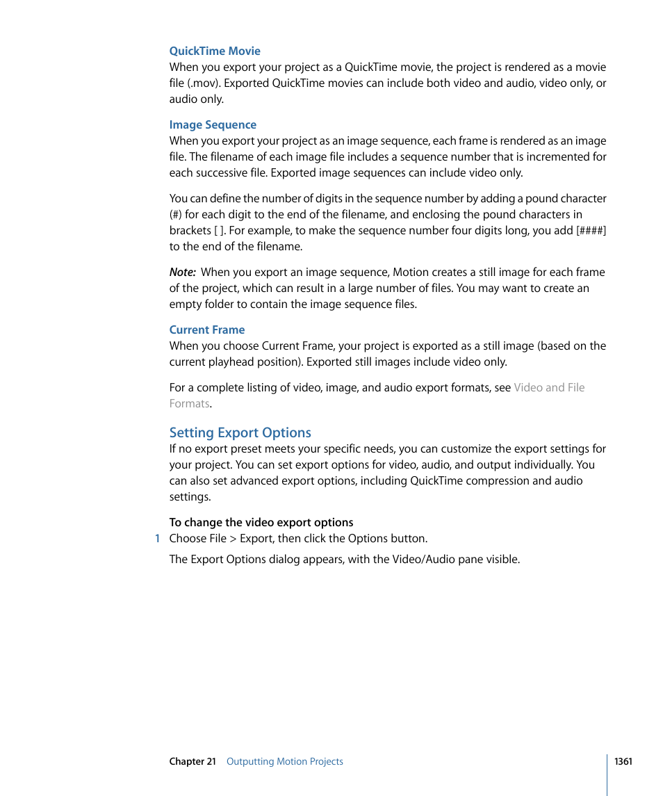 Quicktime movie, Image sequence, Current frame | Setting export options | Apple Motion 4 User Manual | Page 1361 / 1498