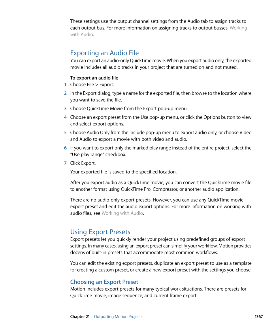 Exporting an audio file, Using export presets, Choosing an export preset | Apple Motion 4 User Manual | Page 1367 / 1498