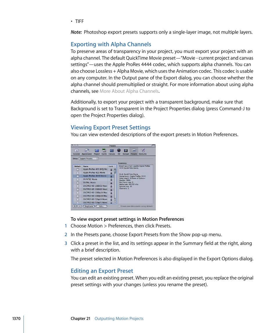 Exporting with alpha channels, Viewing export preset settings, Editing an export preset | Apple Motion 4 User Manual | Page 1370 / 1498