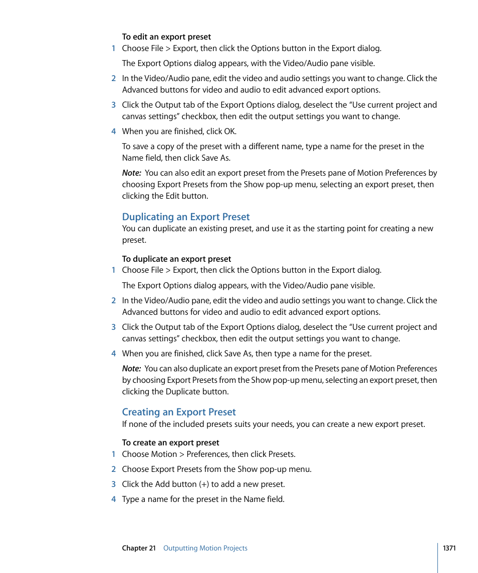 Duplicating an export preset, Creating an export preset | Apple Motion 4 User Manual | Page 1371 / 1498