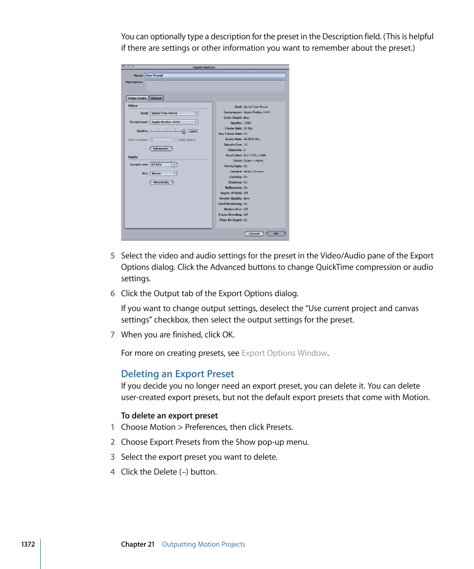 Deleting an export preset | Apple Motion 4 User Manual | Page 1372 / 1498