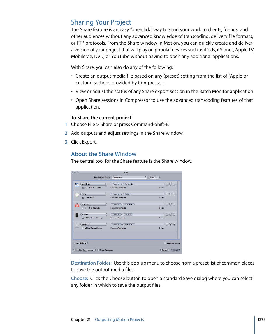 Sharing your project, About the share window | Apple Motion 4 User Manual | Page 1373 / 1498