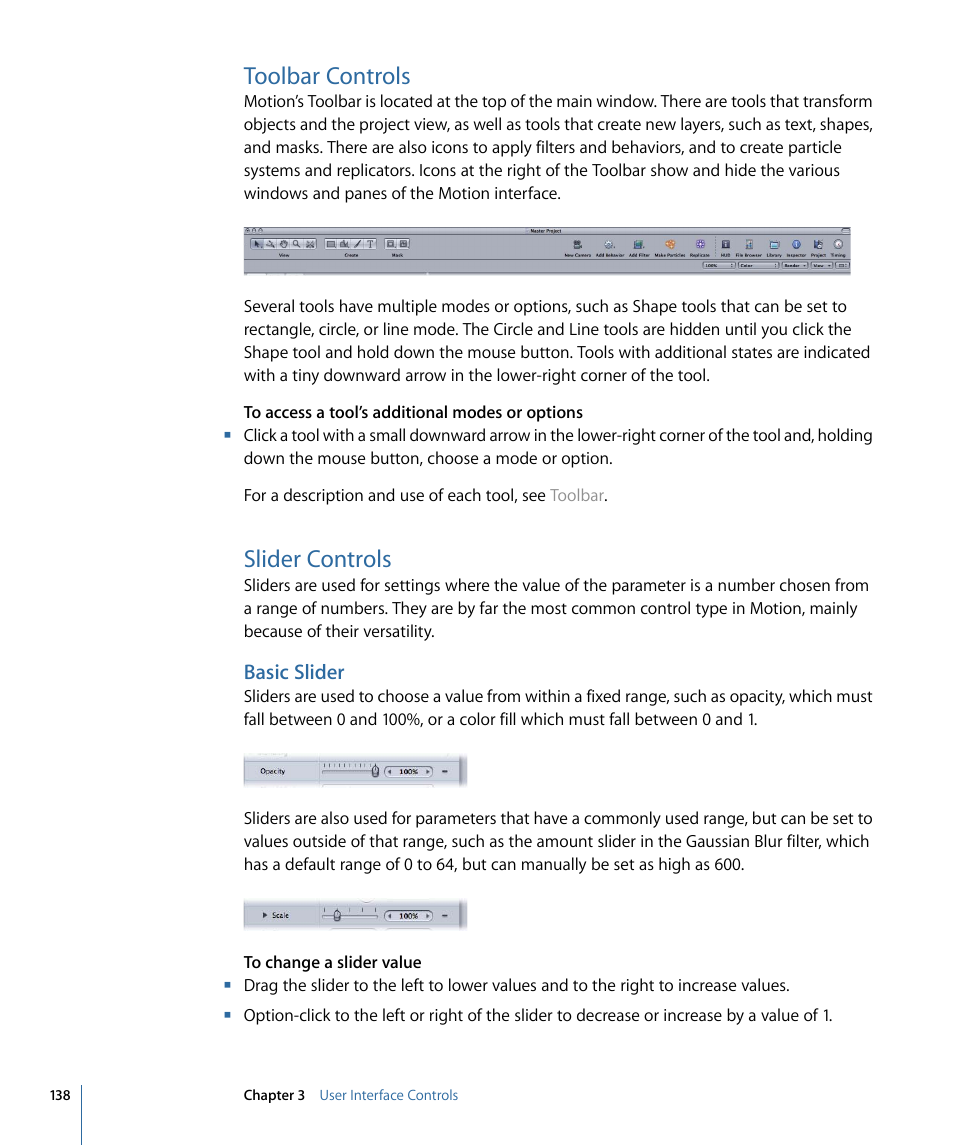 Toolbar controls, Slider controls, Basic slider | Apple Motion 4 User Manual | Page 138 / 1498