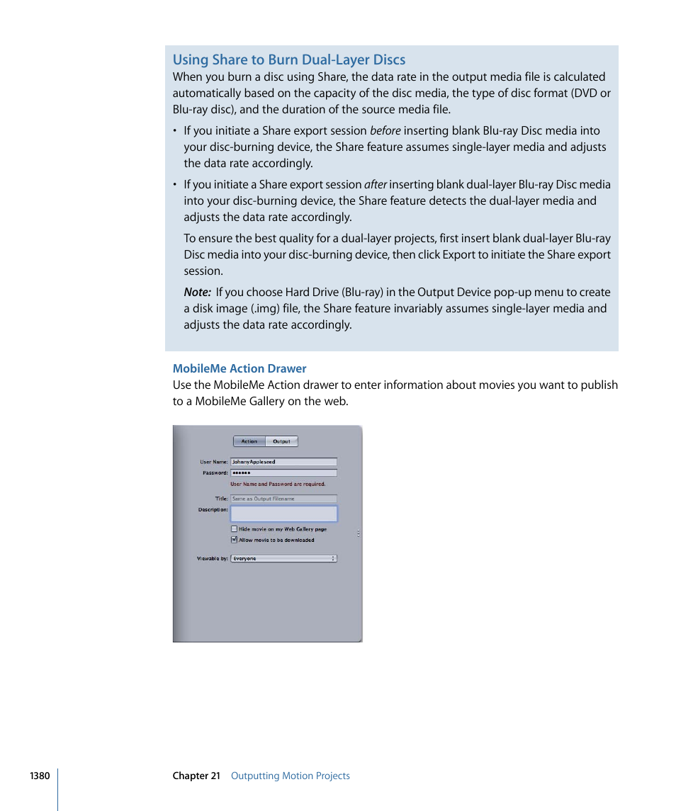 Mobileme action drawer, Using share to burn dual-layer discs | Apple Motion 4 User Manual | Page 1380 / 1498