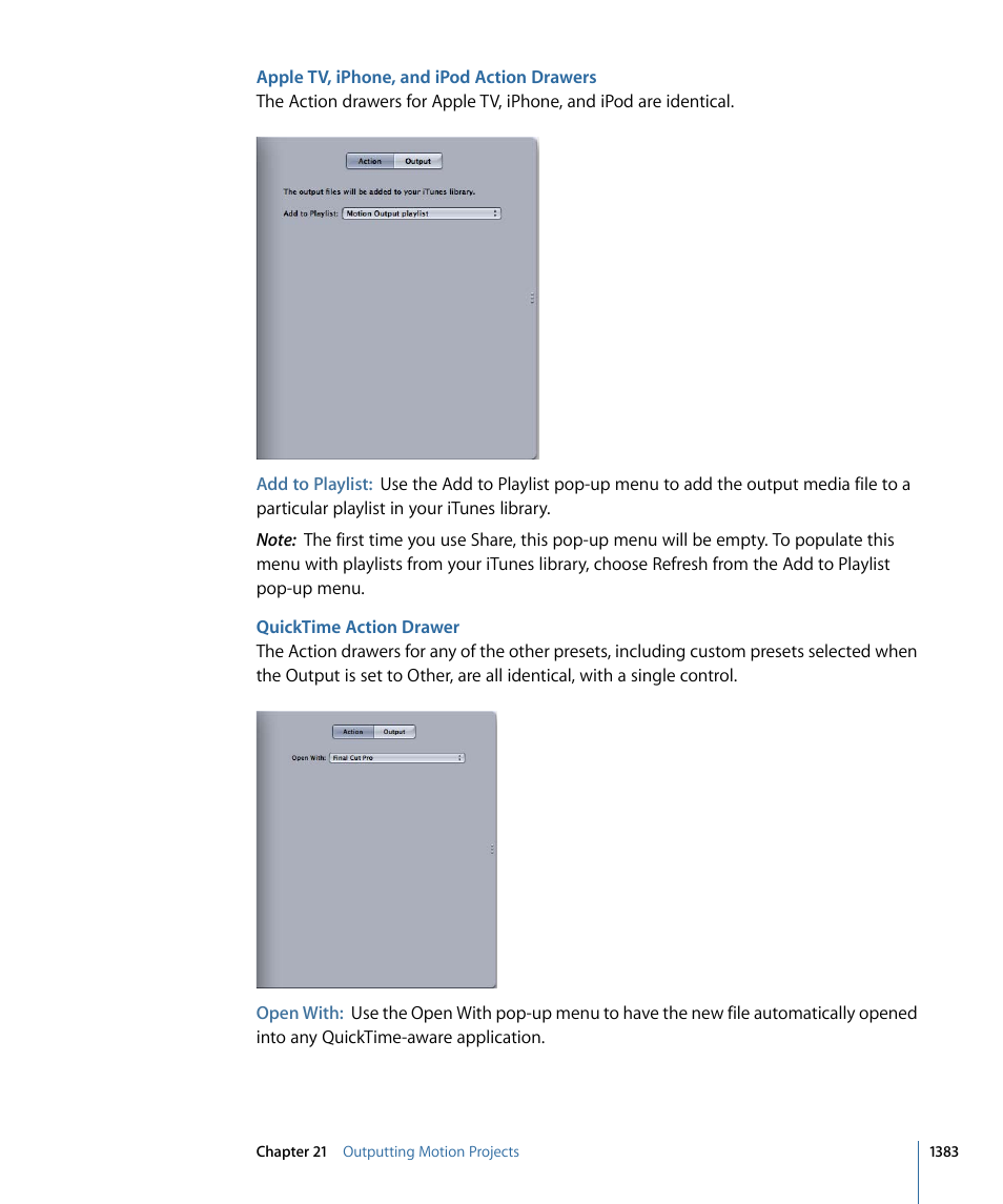 Apple tv, iphone, and ipod action drawers, Quicktime action drawer | Apple Motion 4 User Manual | Page 1383 / 1498