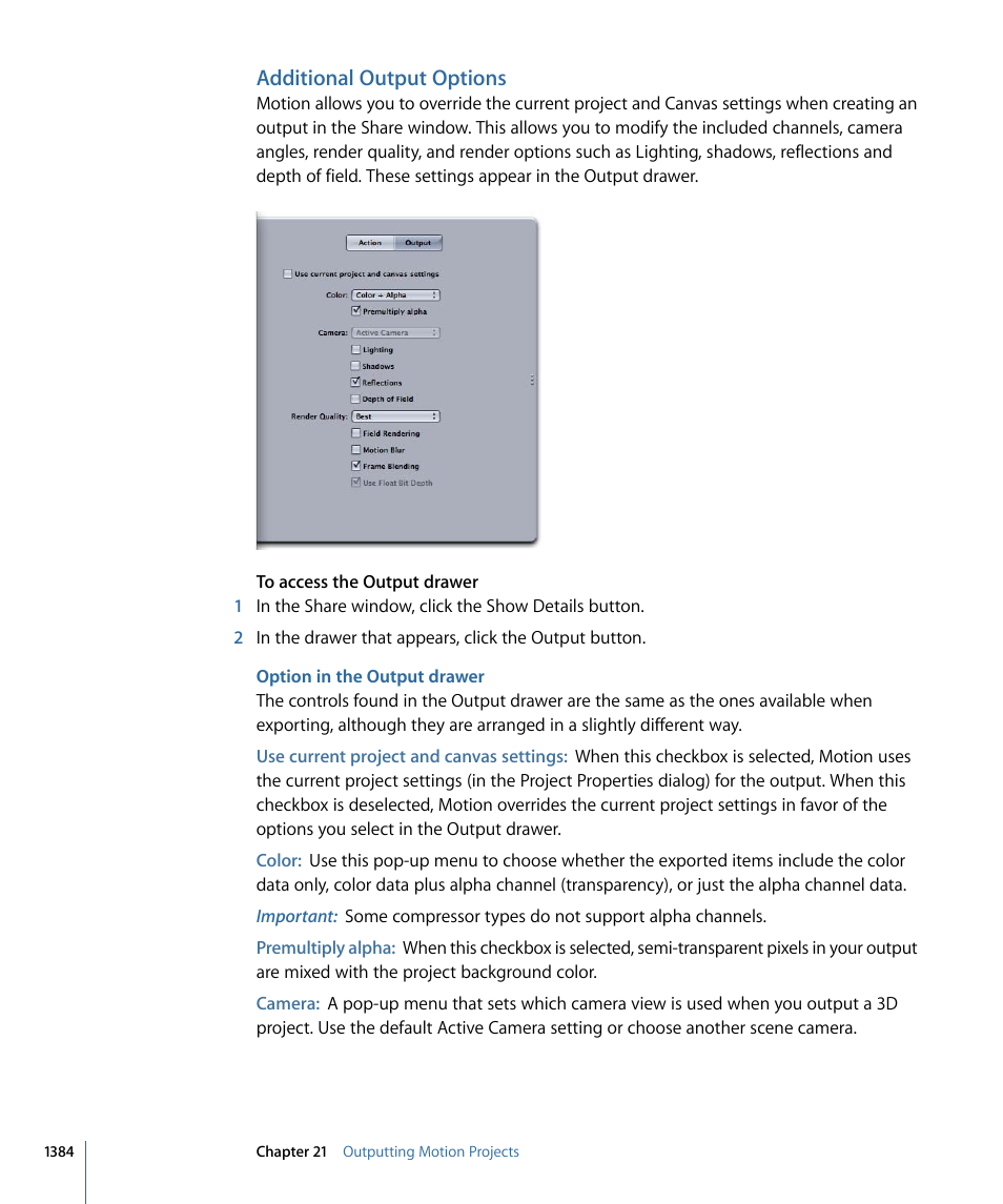 Additional output options, Option in the output drawer | Apple Motion 4 User Manual | Page 1384 / 1498