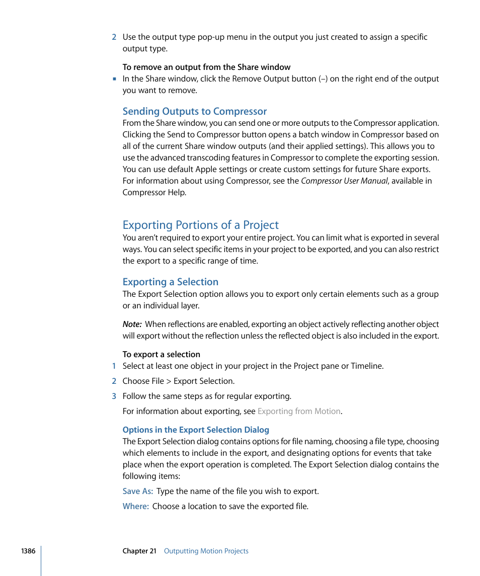 Sending outputs to compressor, Exporting portions of a project, Exporting a selection | Options in the export selection dialog | Apple Motion 4 User Manual | Page 1386 / 1498