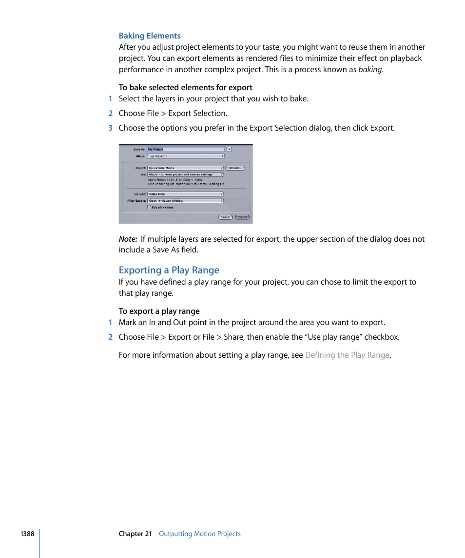 Baking elements, Exporting a play range | Apple Motion 4 User Manual | Page 1388 / 1498