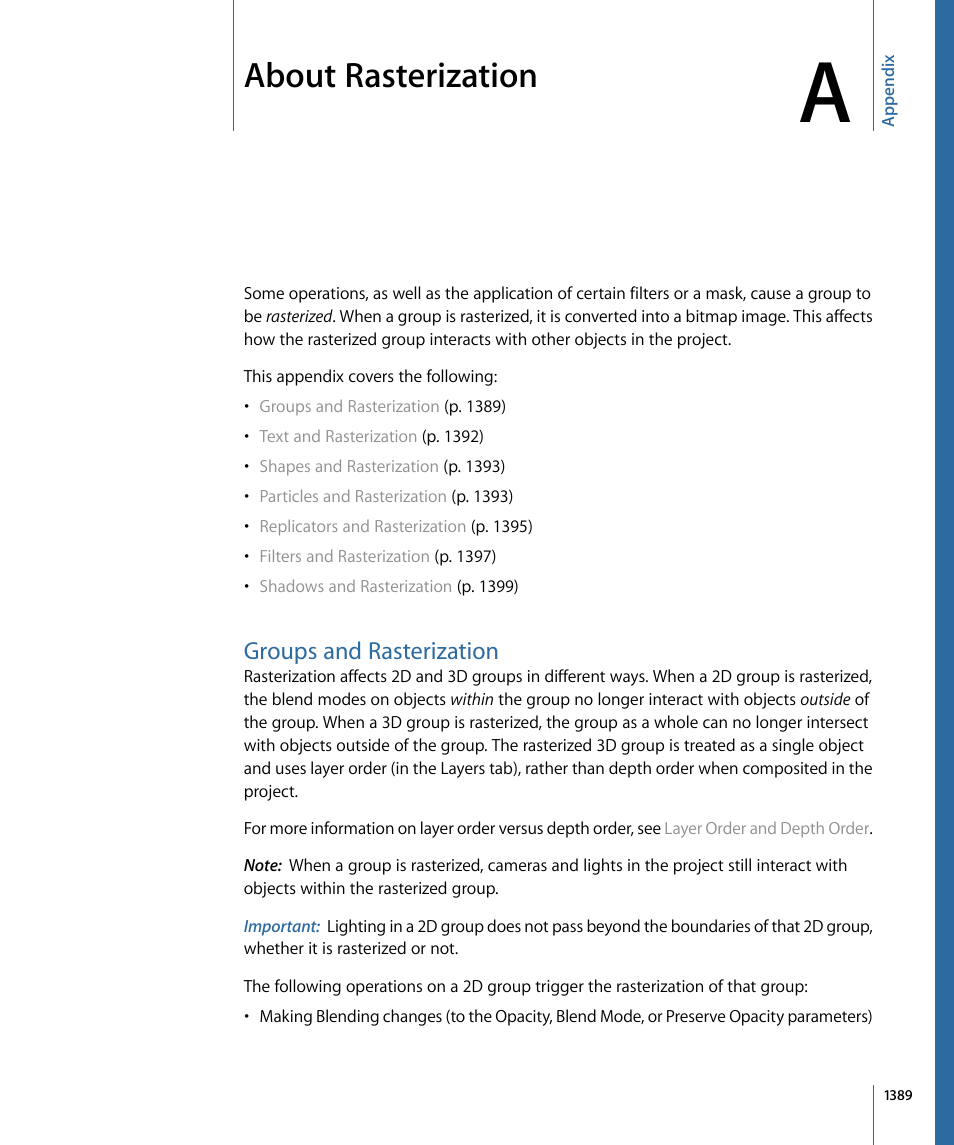 Appendix a: about rasterization, Groups and rasterization, About rasterization | Groups and, Rasterization, Groups, And rasterization | Apple Motion 4 User Manual | Page 1389 / 1498