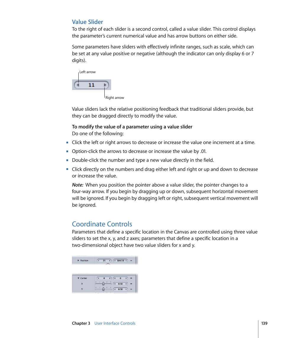 Value slider, Coordinate controls | Apple Motion 4 User Manual | Page 139 / 1498