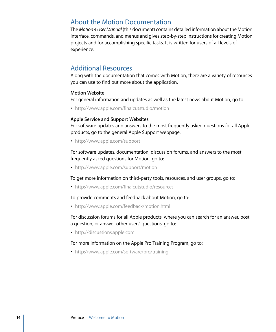 About the motion documentation, Additional resources | Apple Motion 4 User Manual | Page 14 / 1498