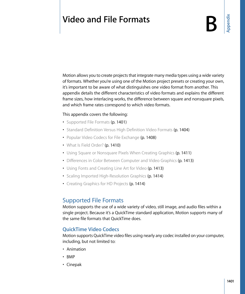 Appendix b: video and file formats, Supported file formats, Quicktime video codecs | Video and file formats | Apple Motion 4 User Manual | Page 1401 / 1498