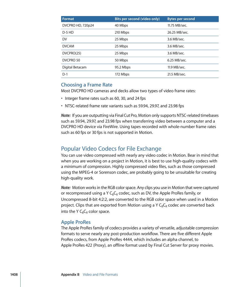 Choosing a frame rate, Popular video codecs for file exchange, Apple prores | Apple Motion 4 User Manual | Page 1408 / 1498