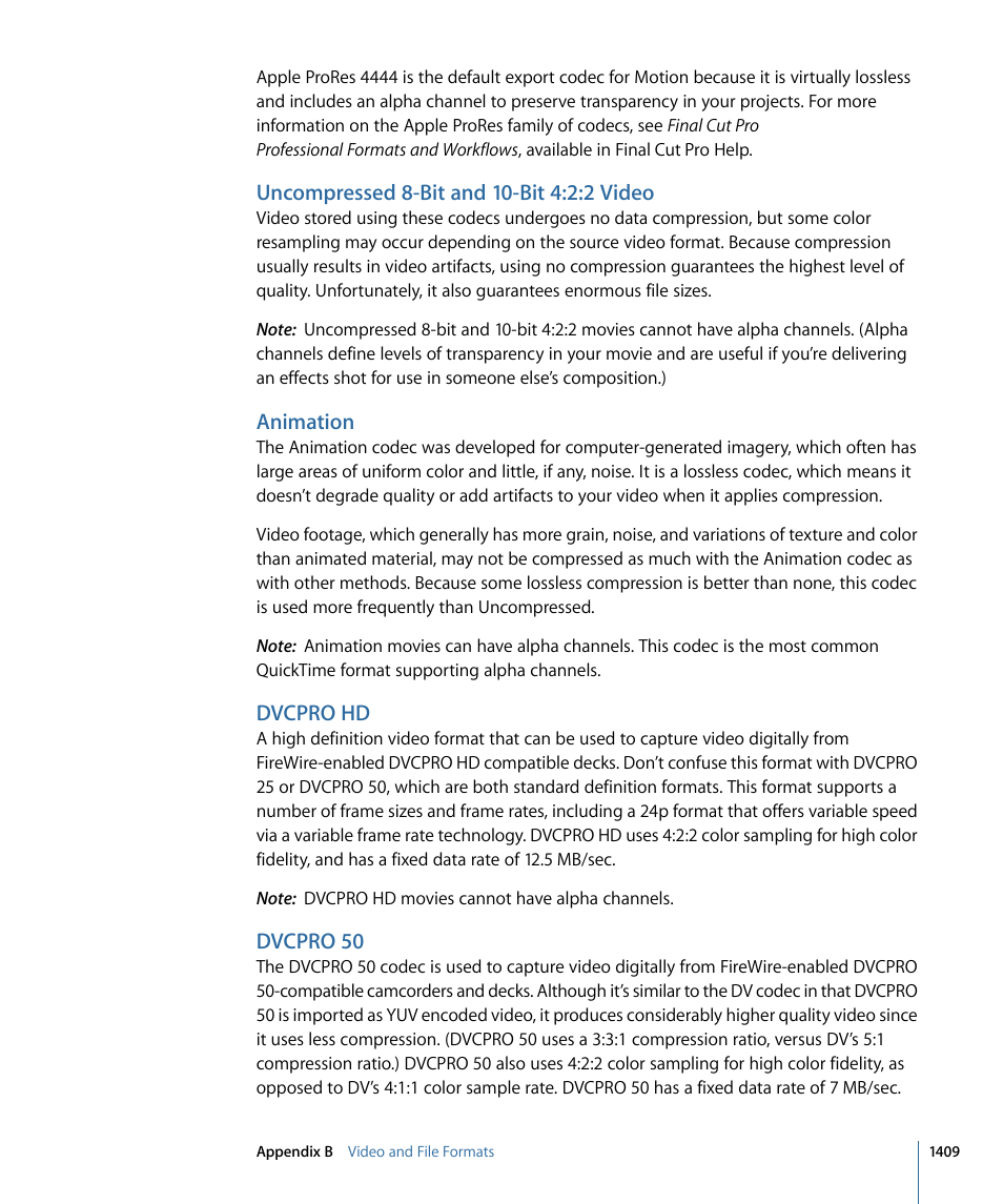 Uncompressed 8-bit and 10-bit 4:2:2 video, Animation, Dvcpro hd | Dvcpro 50 | Apple Motion 4 User Manual | Page 1409 / 1498