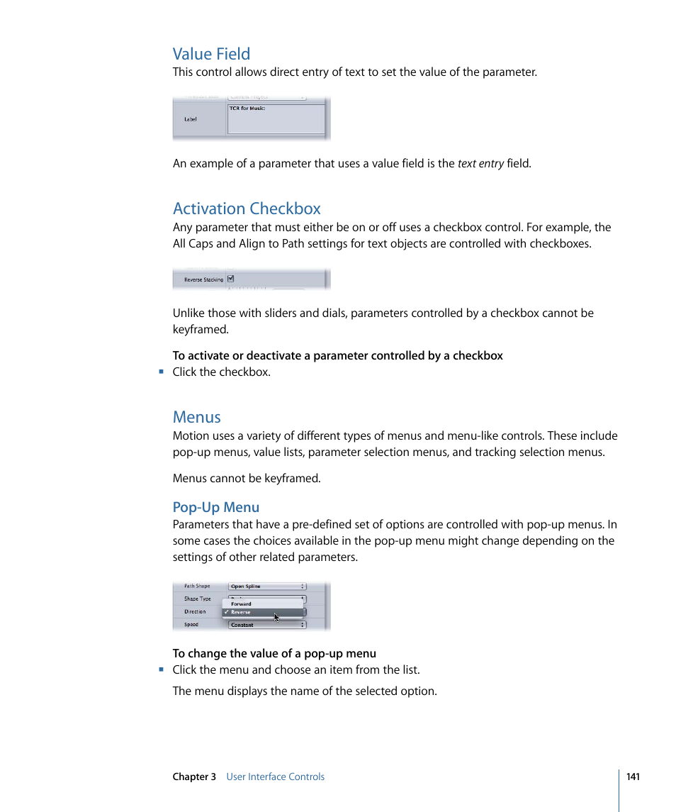 Value field, Activation checkbox, Menus | Pop-up menu | Apple Motion 4 User Manual | Page 141 / 1498