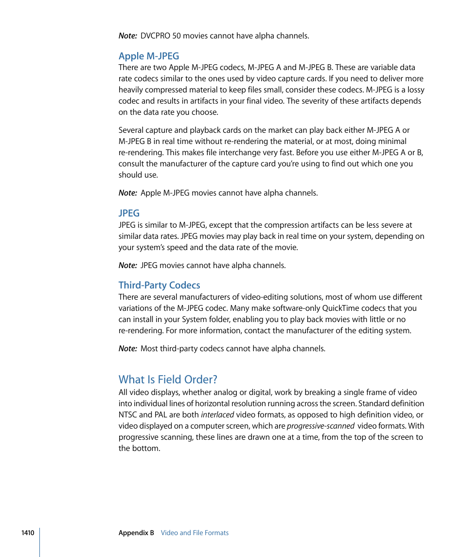 Apple m-jpeg, Jpeg, Third-party codecs | What is field order | Apple Motion 4 User Manual | Page 1410 / 1498