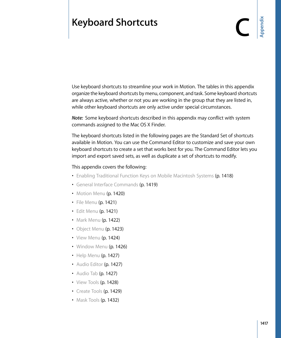 Appendix c: keyboard shortcuts, Keyboard shortcuts | Apple Motion 4 User Manual | Page 1417 / 1498