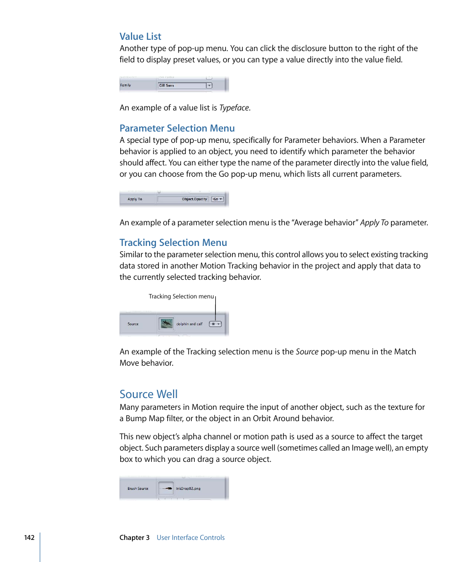 Value list, Parameter selection menu, Tracking selection menu | Source well | Apple Motion 4 User Manual | Page 142 / 1498