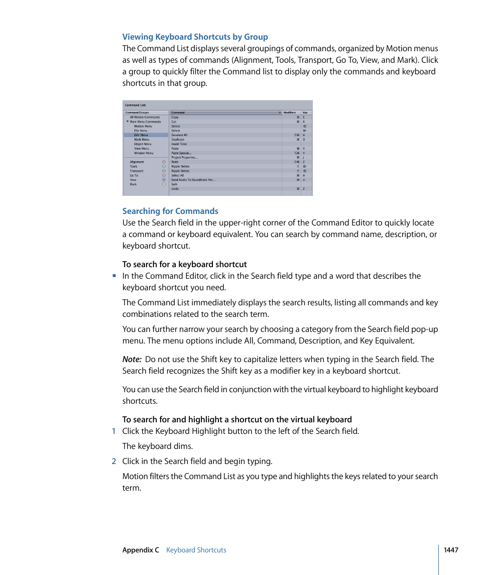 Viewing keyboard shortcuts by group, Searching for commands | Apple Motion 4 User Manual | Page 1447 / 1498