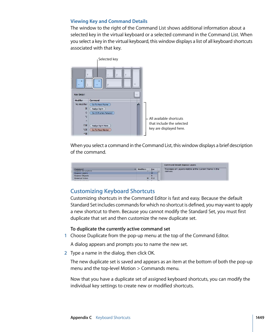 Viewing key and command details, Customizing keyboard shortcuts, Customizing | Keyboard shortcuts | Apple Motion 4 User Manual | Page 1449 / 1498