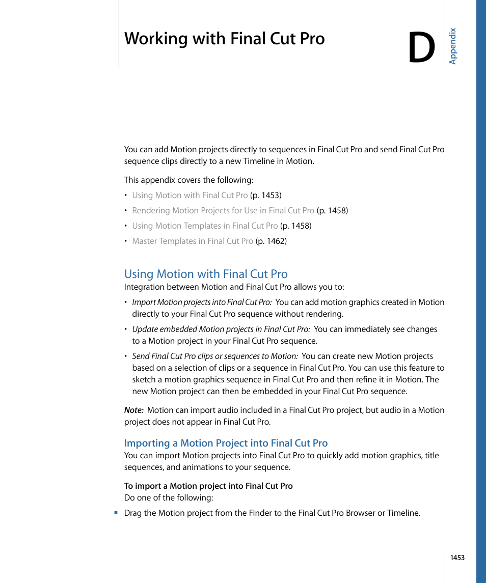 Appendix d: working with final cut pro, Using motion with final cut pro, Importing a motion project into final cut pro | Working with final cut pro | Apple Motion 4 User Manual | Page 1453 / 1498