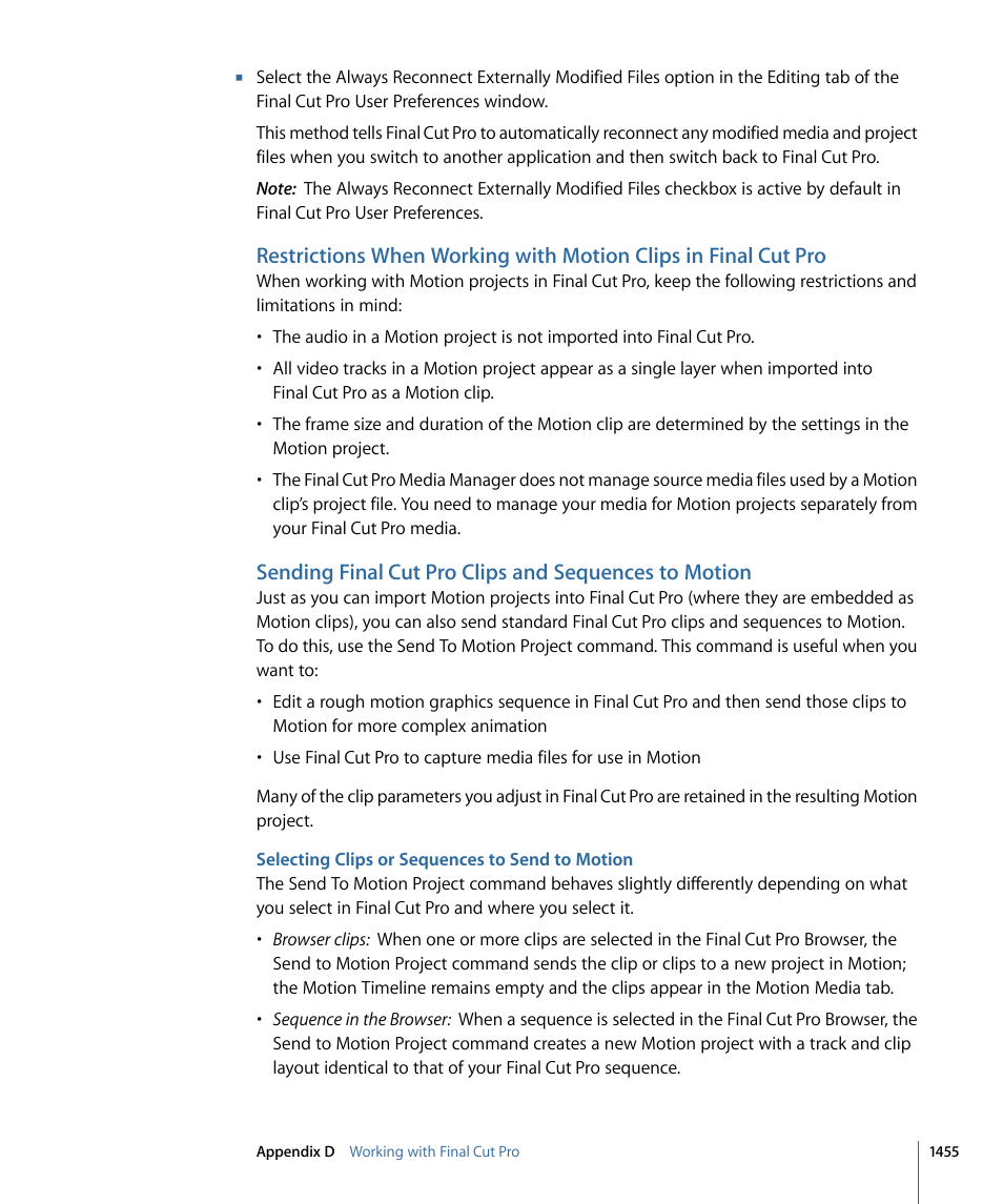 Selecting clips or sequences to send to motion | Apple Motion 4 User Manual | Page 1455 / 1498