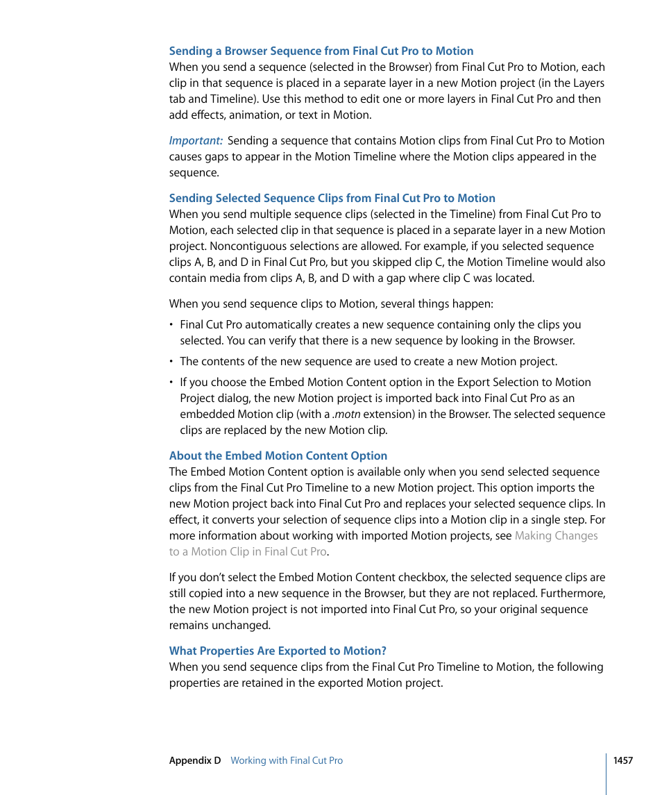 About the embed motion content option, What properties are exported to motion, About | The embed motion content option | Apple Motion 4 User Manual | Page 1457 / 1498