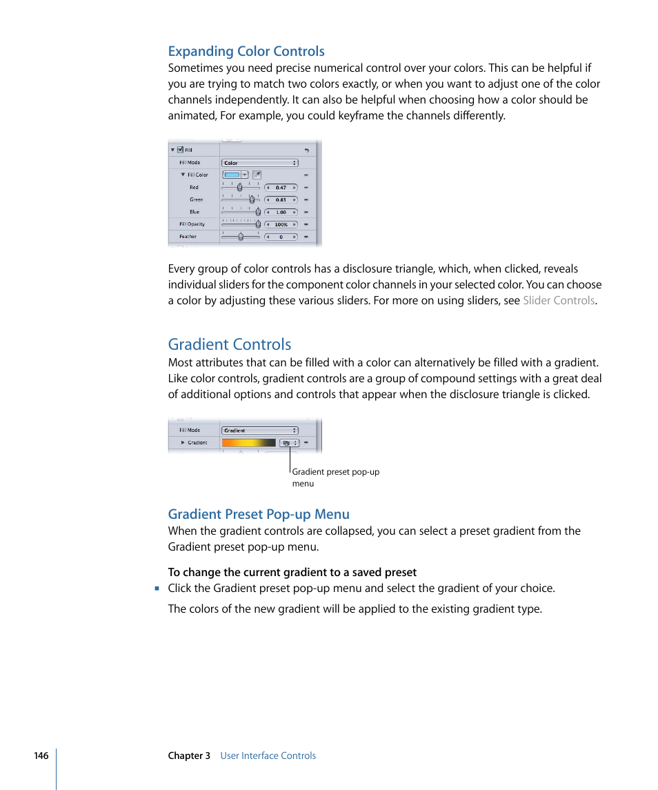 Expanding color controls, Gradient controls, Gradient preset pop-up menu | Apple Motion 4 User Manual | Page 146 / 1498