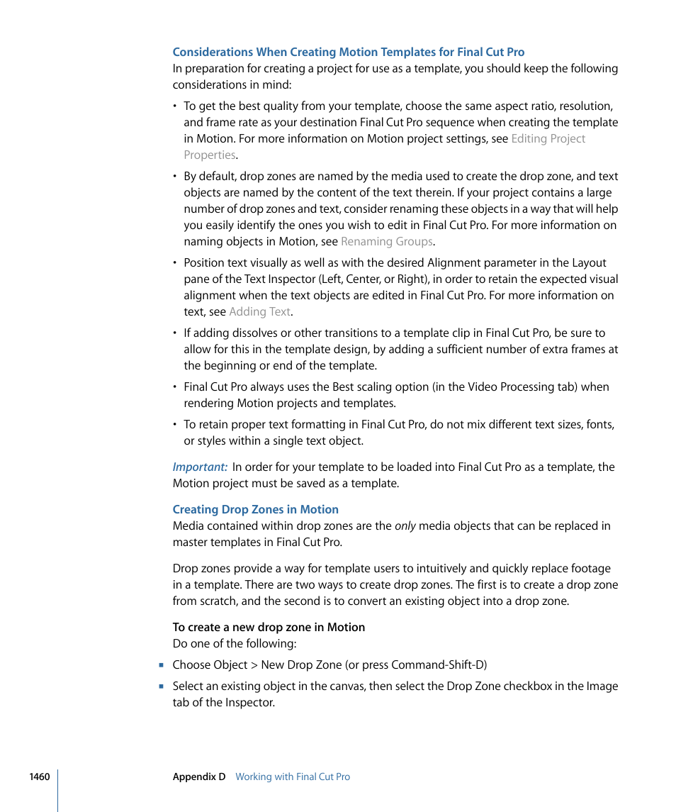 Creating drop zones in motion | Apple Motion 4 User Manual | Page 1460 / 1498