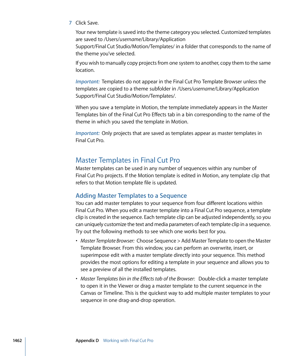 Master templates in final cut pro, Adding master templates to a sequence | Apple Motion 4 User Manual | Page 1462 / 1498