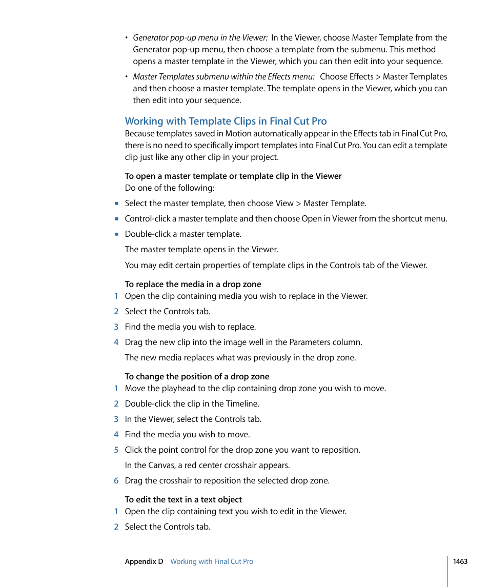 Working with template clips in final cut pro | Apple Motion 4 User Manual | Page 1463 / 1498