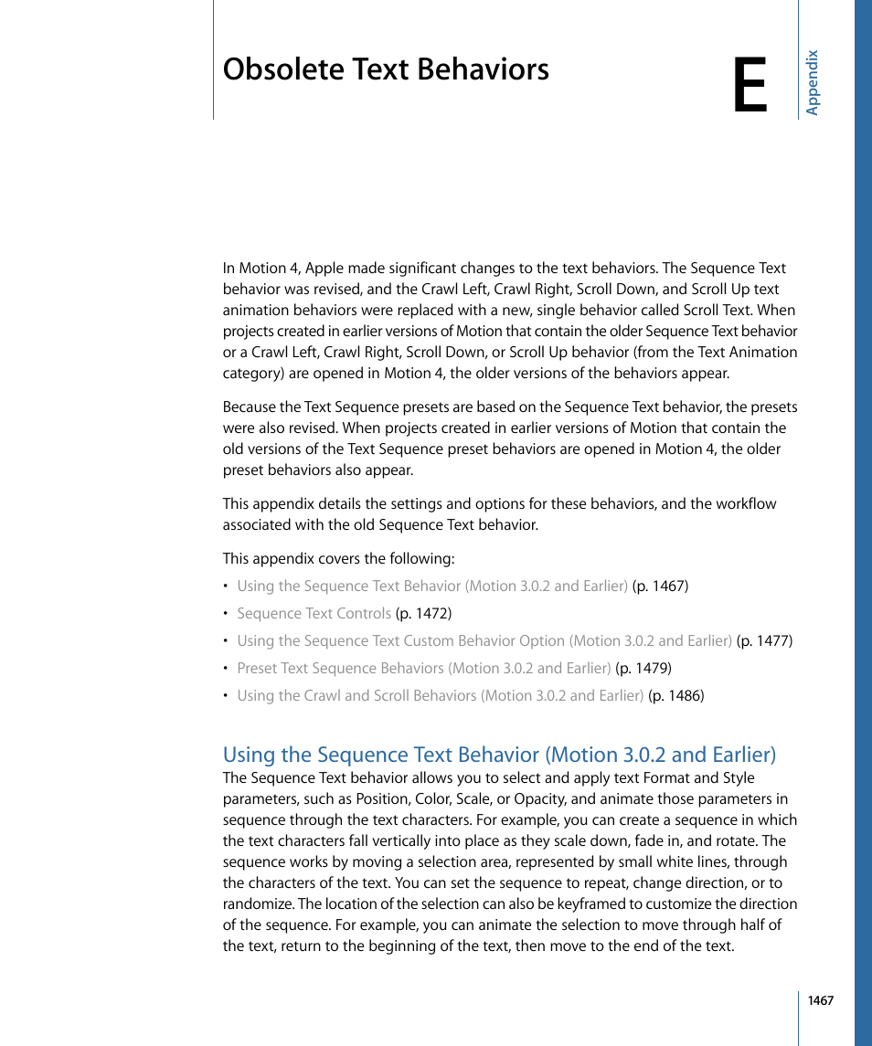 Appendix e: obsolete text behaviors, Obsolete text behaviors | Apple Motion 4 User Manual | Page 1467 / 1498