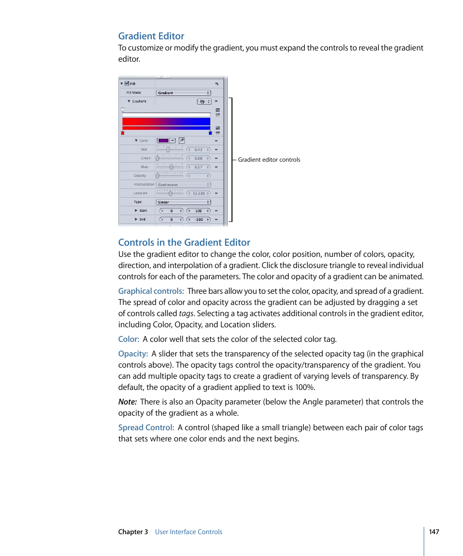 Gradient editor, Controls in the gradient editor | Apple Motion 4 User Manual | Page 147 / 1498