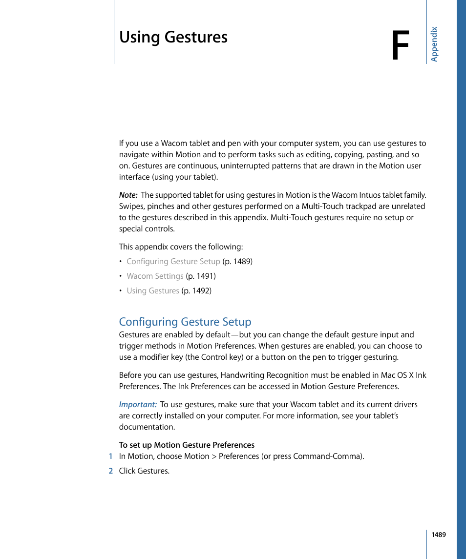 Appendix f: using gestures, Configuring gesture setup, Using gestures | Apple Motion 4 User Manual | Page 1489 / 1498