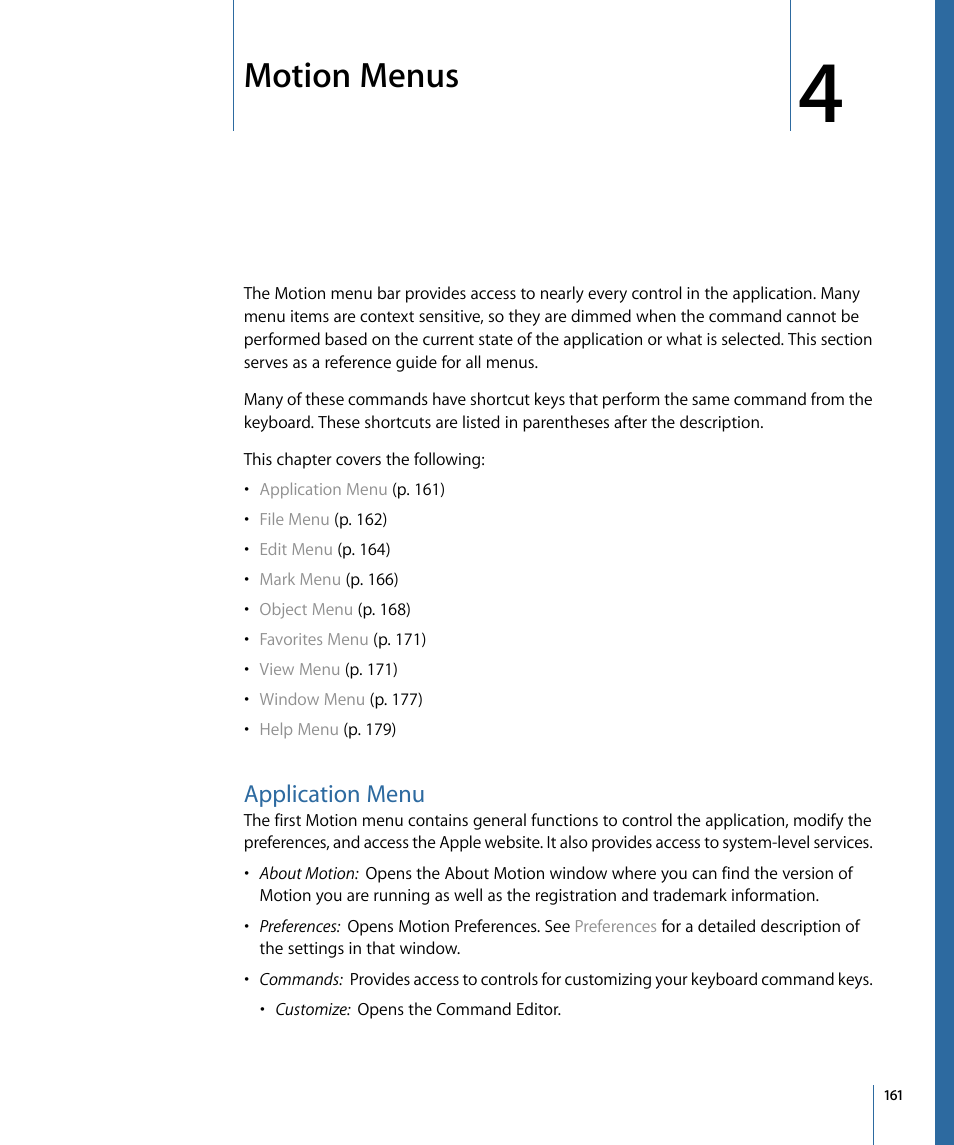 Motion menus, Application menu | Apple Motion 4 User Manual | Page 161 / 1498