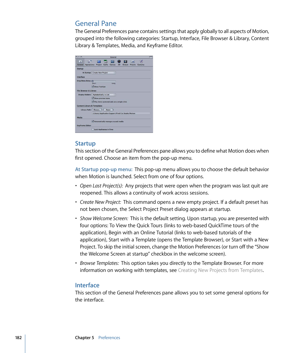 General pane, Startup, Interface | Apple Motion 4 User Manual | Page 182 / 1498