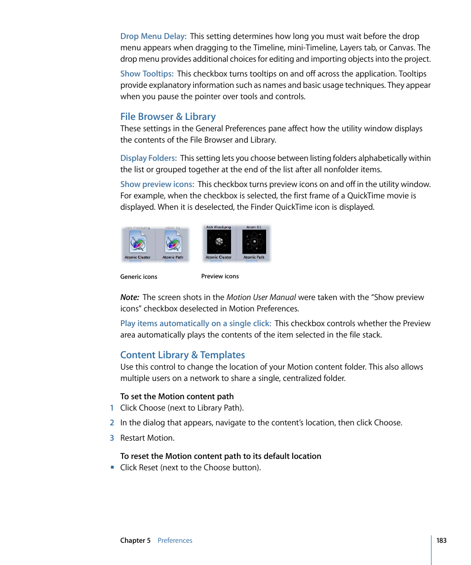 File browser & library, Content library & templates | Apple Motion 4 User Manual | Page 183 / 1498