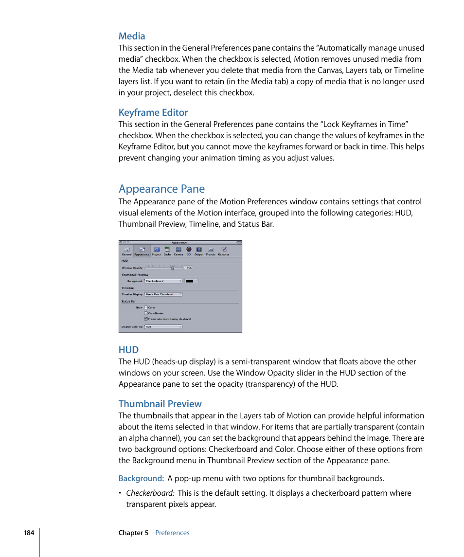 Media, Keyframe editor, Appearance pane | Thumbnail preview | Apple Motion 4 User Manual | Page 184 / 1498