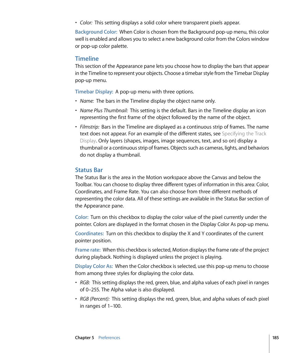 Timeline, Status bar | Apple Motion 4 User Manual | Page 185 / 1498