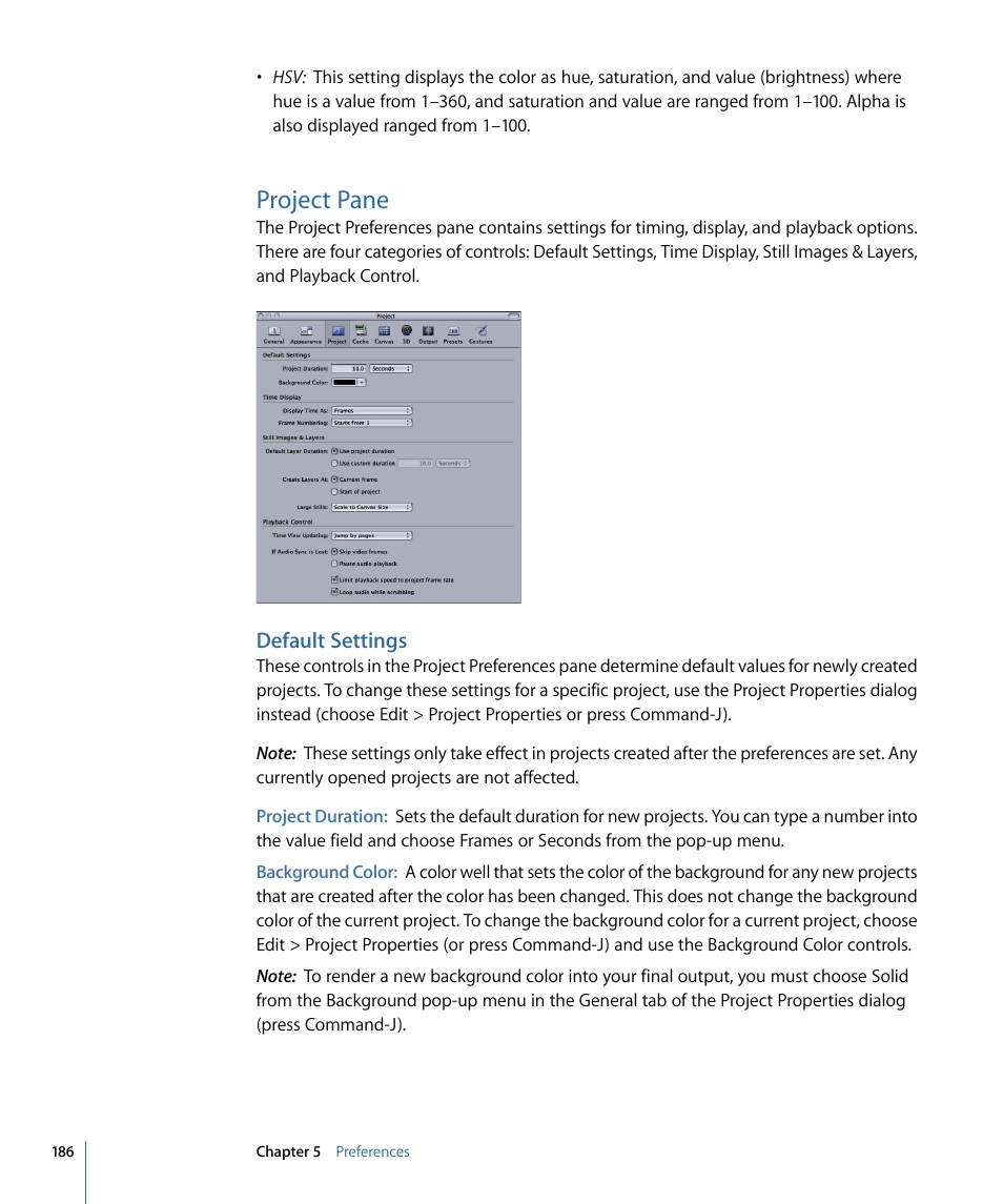 Project pane, Default settings | Apple Motion 4 User Manual | Page 186 / 1498