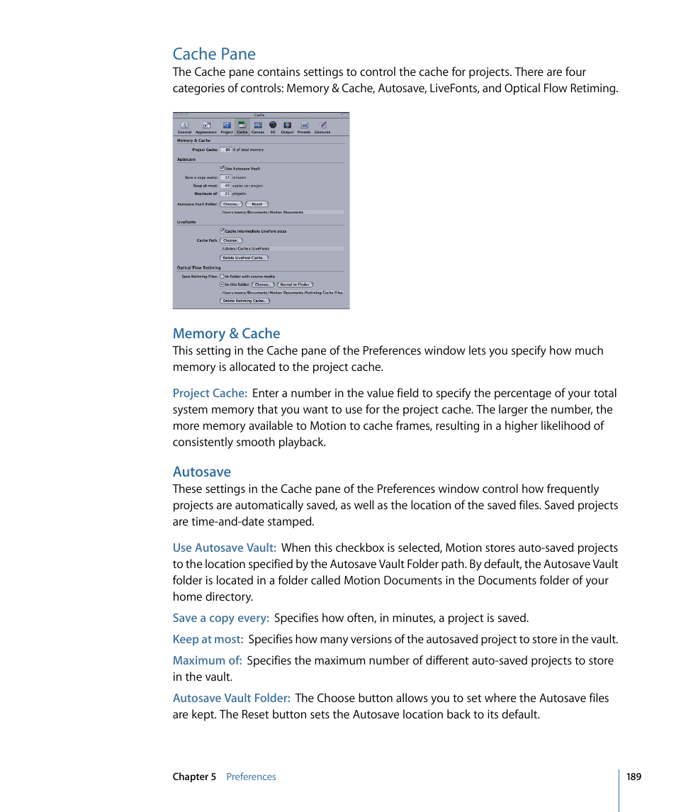 Cache pane, Memory & cache, Autosave | Apple Motion 4 User Manual | Page 189 / 1498