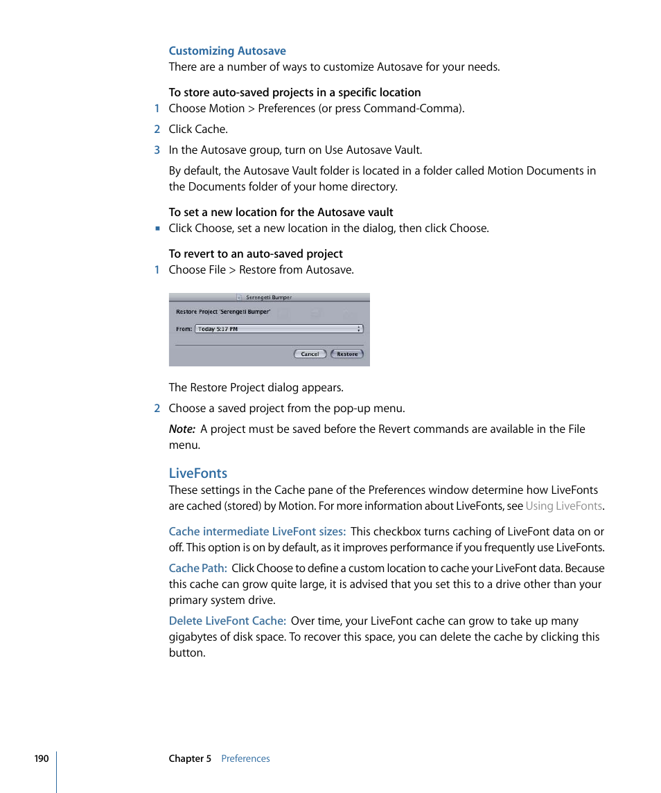 Customizing autosave, Livefonts | Apple Motion 4 User Manual | Page 190 / 1498