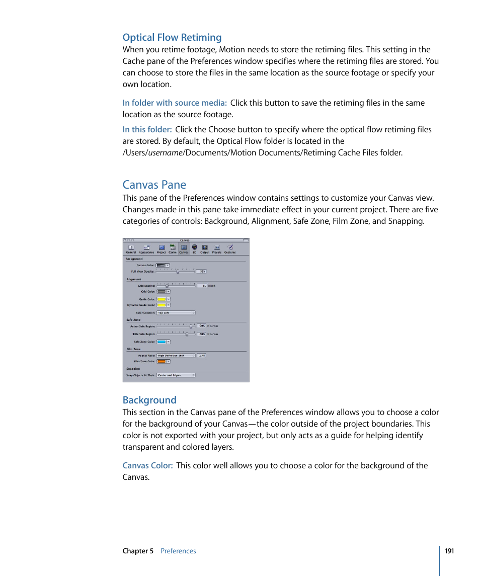 Optical flow retiming, Canvas pane, Background | Apple Motion 4 User Manual | Page 191 / 1498